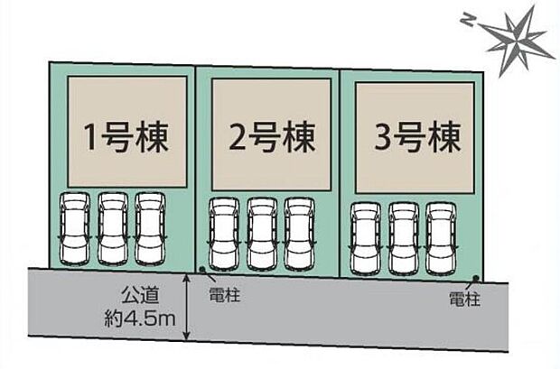 【全体区画図】カースペース並列３台駐車可能です♪落ち着いた住環境の第一種低層住居専用地域です。