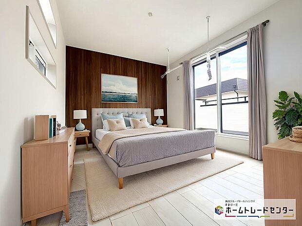 【洋室】大きなベッドを置いてもゆとりのある広さ！収納完備しておりますので、家具が少なくて済みます！お掃除もラクラクですね♪※家具をCGで加工しています。家具付き販売ではございません。