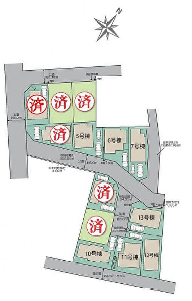 【全体区画図】１棟１棟異なる間取りの全１３棟。同世代が集まりやすく安心感がありますね。周辺は第一種低層住居専用地域で落ち着いた住宅街です。全棟敷地３３坪超え！カースペース１～２台分！