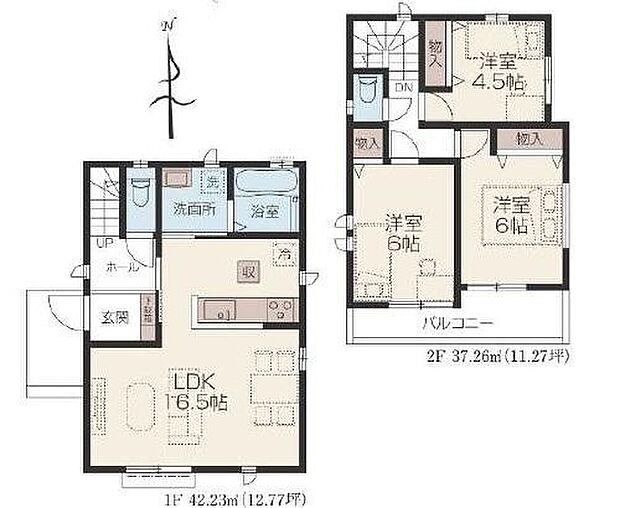 【3LDK】☆採光良好な間取り☆
全居室二面採光です！建物南側は駐車スペースのため、陽射しをたっぷり取り込めます。全居室収納完備、水回り集中設計で家事動線も良好！