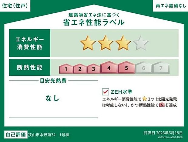 【【省エネ性能ラベル】】こちらの物件はZEH水準を満たした、省エネ性能に優れた物件です。　光熱費を抑えて暮らすことができるだけでなく、「熱の入りにくさ・逃げにくさ」という観点でも影響を受けにくい建物のため、長く快適にお過ごしいただけます♪