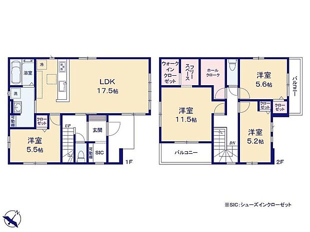 【4LDK】☆収納たっぷり片付けしやすい☆玄関にはベビーカーなどを収納できるSIC、2階主寝室には大容量のWIC、廊下には家族で使えるホールクロークを設置!片づけが苦手な方でもすっきりお住まいいただけます。