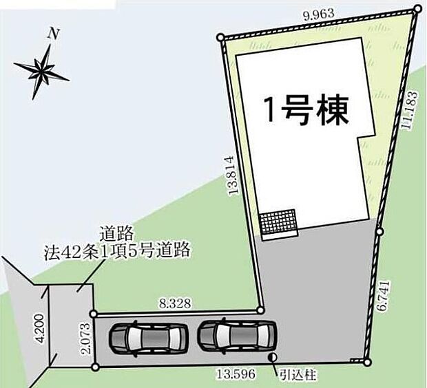 【全体区画図】敷地146平米超!敷地の広さを活かして建物南側にスペースを設けていますので、採光良好!カースペース2台分。周辺は第一種低層住居専用地域で落ち着いた住宅街です。