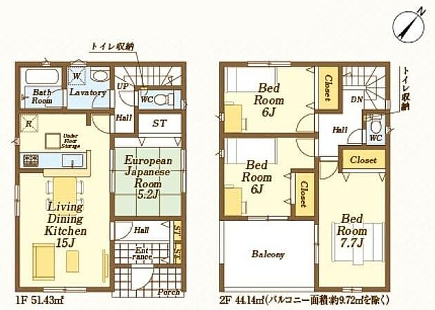 【4LDK】☆2階全居室二面採光☆光を取り入れやすく、換気性能に優れた間取りです。窓を開ければ家中を気持ちの良い風が通り抜け、いつもさわやかなお住まいとなります。