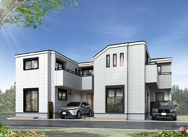 【完成予想外観パース】
開放感のある角地を含む2号棟・3号棟の重厚感ある佇まい。
玄関ドアを開けると自動で点灯する人感センサー搭載LEDダウンライトで、夜遅い帰宅時も明るく出迎えてくれます。