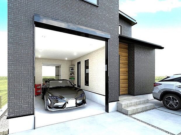 【16-1号棟 外観完成イメージパース】雨の日の車庫入れも安心な電動シャッター付きガレージ 落ち着いたブラックの外観が、シンプルで洗練された印象を演出。
デザイン性と暮らしやすさを兼ね備えた建物です。