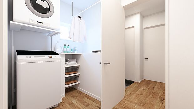 【【12号棟内観完成イメージ】】【１２号棟完成予想図】「乾太くん」や室内物干しスペース完備の洗面脱衣室。カウンターではアイロンがけ等もでき、洗濯の全てを完結できます。