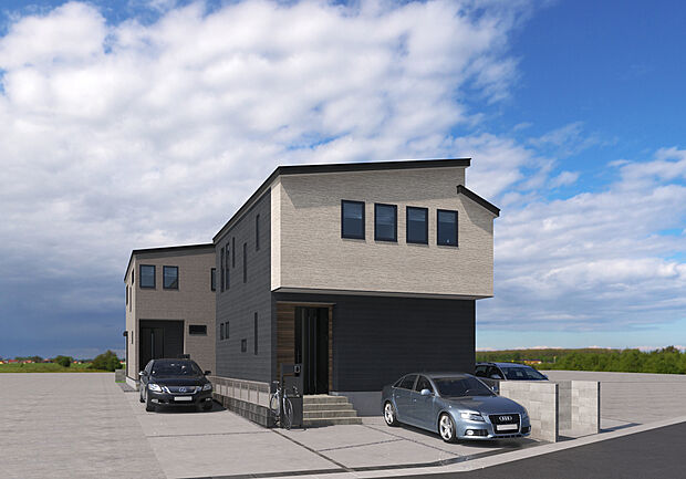 【(1~2号棟)完成予想図】2色の配色が特徴的な一室。立体感のある外観は、個性を大切にしながら分譲地として一体感のあるデザインにしております。