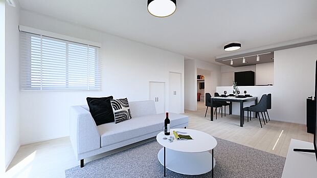 【(6号棟)完成予想図】白を基調とした空間にキッチン上のグレーの下がり天井がアクセントに。モダンで洗練された大人の住まい。