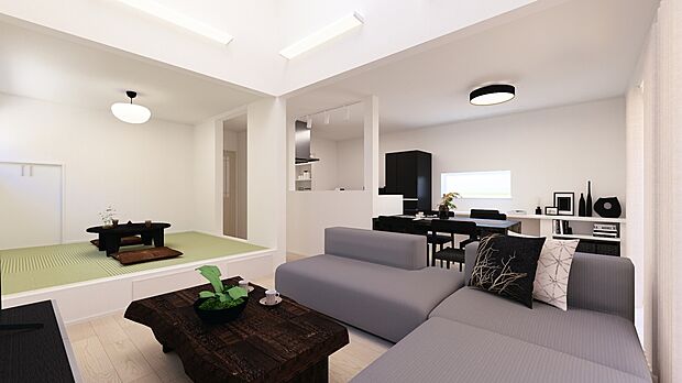 【4号棟 完成イメージパース】(4号棟)完成予想図
キッチン前には小上がりの畳のお部屋を設け、お料理中も見守れる空間に。
段差に腰かけて家族との会話を楽しむこともできます。