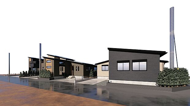 【【第三期外観完成イメージ】】平屋と二階建てが心地よく並びます。
統一感がありながら一棟一棟個性が光るこだわりのデザインに。