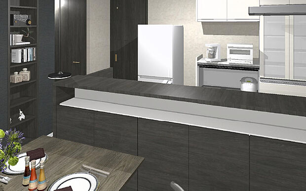 【モデルプラン】キッチンに収納を多く設計しております。