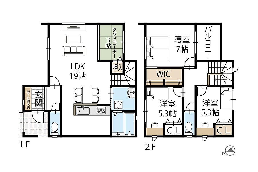 ご家族が集うLDKに、3帖のタタミコーナー有！お子様の遊び場やお昼寝スペース、客間などご家族のライフスタイルに合わせて多様な使い方ができます◎ご家族間の絆が育める、対面式キッチン＆リビング階段仕様！