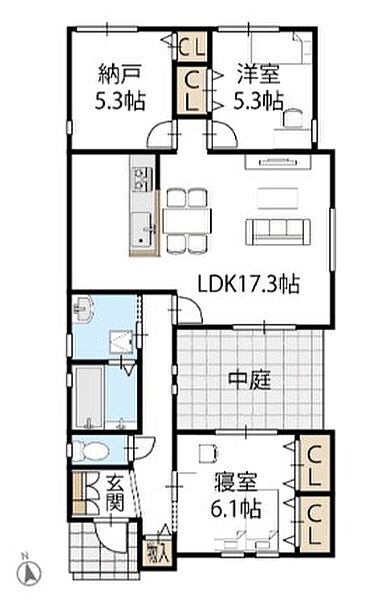【間取り図】
LDKは17帖以上の広さ。2面採光で明るく風通しの良い空間です。各洋室や納戸にはクローゼットを備えているので、室内がスッキリと片付きます。中庭はタイル仕様で多目的に活用できます。