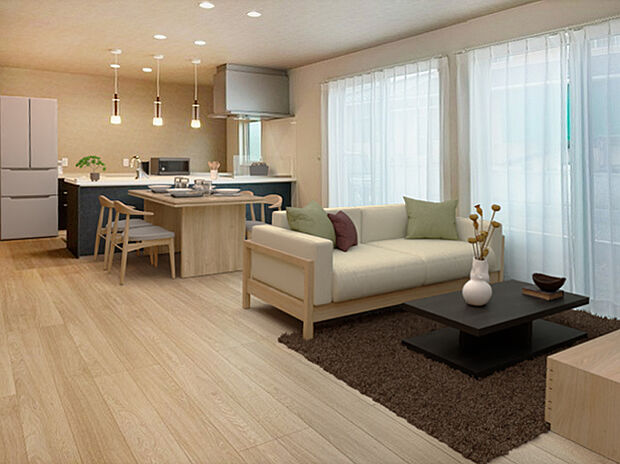 【LDK】ひと続きのLDK。ご家族との会話が飛び交う空間です。内観(2024年10月)撮影※家具・小物はCGイメージ