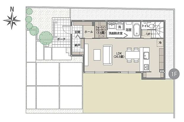 （1階間取図）キッチンと水まわりが程よい距離でまとまった使いやすい間取り。ほどよく独立したキッチンで生活感を抑え、玄関近くの収納で帰宅後の片付けもスムーズにできます。