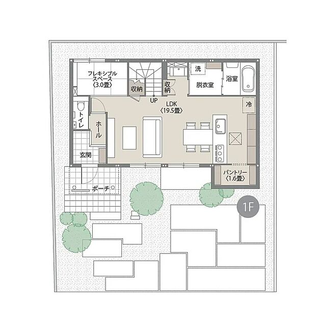 (1階間取図)LDKの一角には、ライフスタイルに合わせて姿を変えるフレキシブルスペースを配置。お子様のプレイスペースやリモートワークの書斎、大容量のリビング収納として、家族の成長に寄り添います。