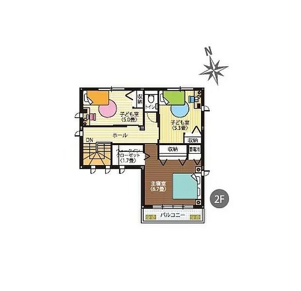 （2階間取図）全居室に収納を完備し、主寝室には大容量のウォークインクローゼットを配置。お部屋をすっきり保てるだけでなく、各部屋にたっぷり光が届き、家族一人ひとりが心地よく過ごせる住まいです。