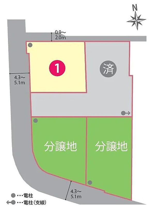【区画図】北・西の二面が道路に面した開放的な立地で、隣地との距離も取りやすく、光と風を心地よく取り込めます。プライバシーにも配慮され、のびのびと暮らせる住環境です。