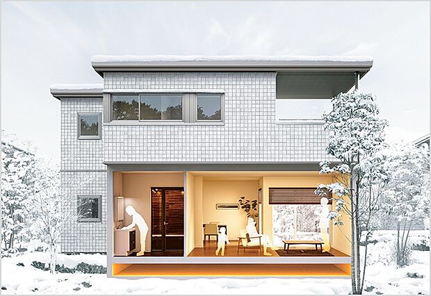 【快適エアリー（通年型空気調節システム）】(1)一階のフロア全体が足元からじんわり暖かい。
(2)廊下や洗面所など部屋以外にも暖かさが届く。
(3)家中の温度差を減らし、夏涼しく冬あったか。
(4)お家の中の温度差が少ない心地よい暮らし。