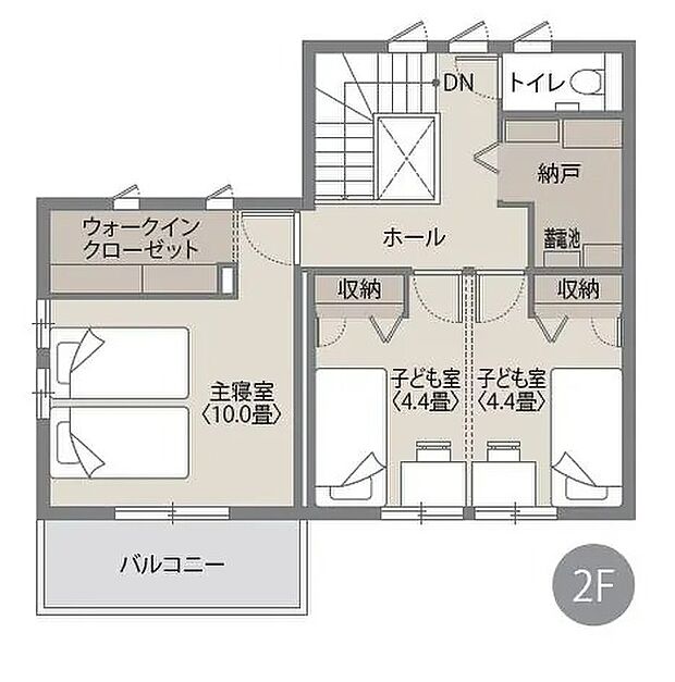 【3LDK+S】主寝室は10畳のゆとりに加え、大容量WICを完備。子ども室は将来仕切れる柔軟設計で、納戸や各所収納も充実した使い勝手の良い2階です。