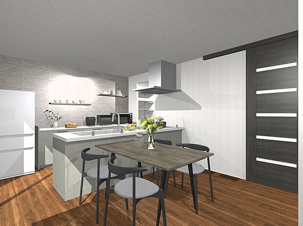 【2号地プラン例内観イメージ図（LDK）】建物価格4520万円、建物面積118.16ｍ2/ 建物価格は本プランでの参考価格となります。
※内観図に表示のある家具調度品植栽はイメージです。