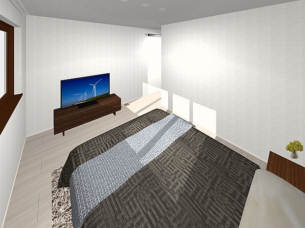 【【9号地プラン例】内観(寝室)】建物価格4460万円、建物面積112.80m2 / 建物価格は本プランでの参考価格となります。
※内観図に表示のある家具調度品植栽はイメージです。
