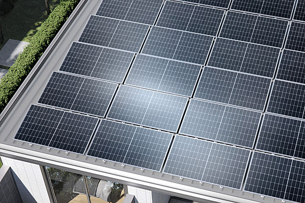 【太陽光発電システム】屋根一面に設置したソーラーがたっぷり発電。※メーカーのモデルチェンジにより、形状が変更となる場合があります。※写真は鉄骨系のイメージです。