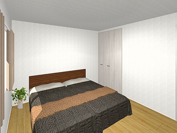 【寝室（完成予想内観パース）】寝室には大容量のウォークインクローゼットを設けております！※内観図に表示のある家具調度品等は販売価格に含まれません。