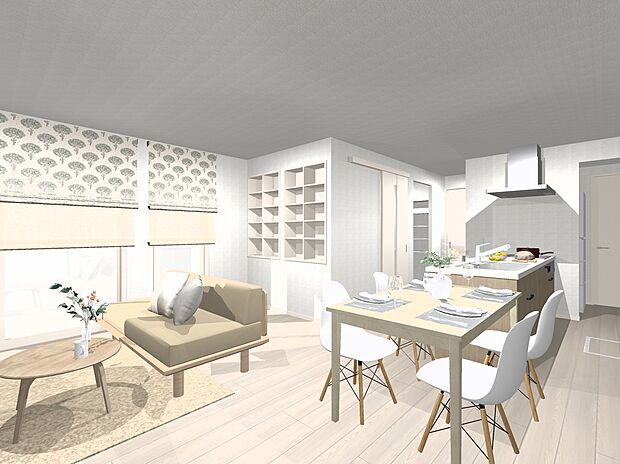 【5号地プラン例内観イメージ図（LDK）】建物価格4610万円、建物面積114.54m2 / 建物価格は本プランでの参考価格となります。
※内観図に表示のある家具調度品植栽はイメージです。
