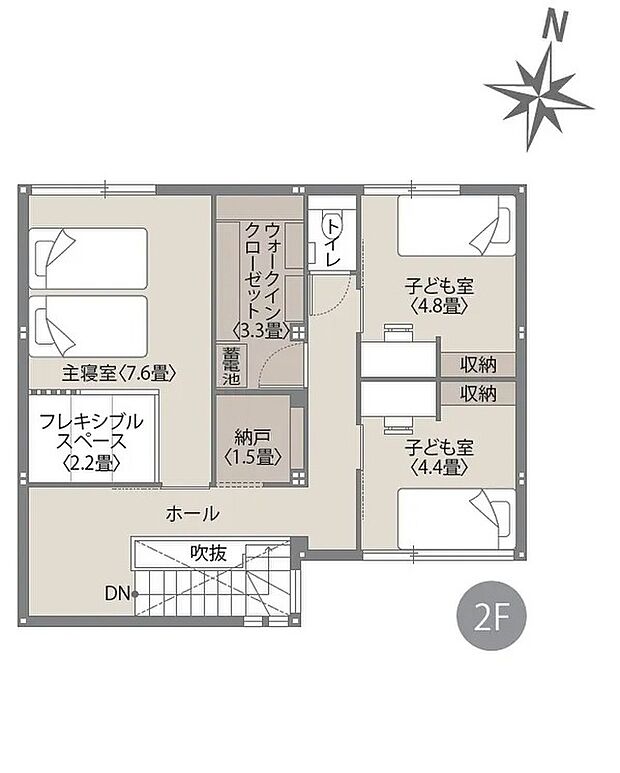 2階は3.3帖のウォークインクローゼットを備え、収納力に優れた空間です。主寝室にはフレキシブルスペースもあり、多彩な使い方が可能です！