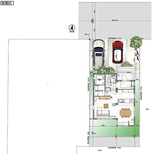 【建物プラン例（配置図）】建物プラン例　SPS-FX
建物価格　4059万円
建物面積　93.69m2
※掲載プランは一例です。プランはお客様が自由に決定できます。
※家具・調度品・車は販売価格に含まれません　　　　　　　　※建物本体価格の他に、インテリア工事費、外構工事費等が約200万円必要です。
