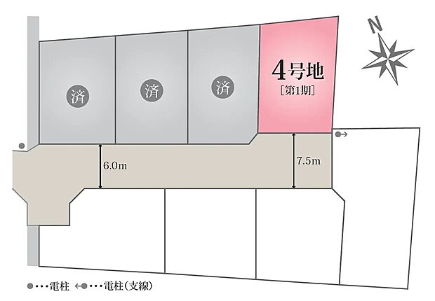 【全体区画図】南側約7.5mの前面道路に面し、陽当たりと開放感に恵まれた住まいです。ゆとりある道路幅で、駐車や車の出し入れもスムーズに行えます。