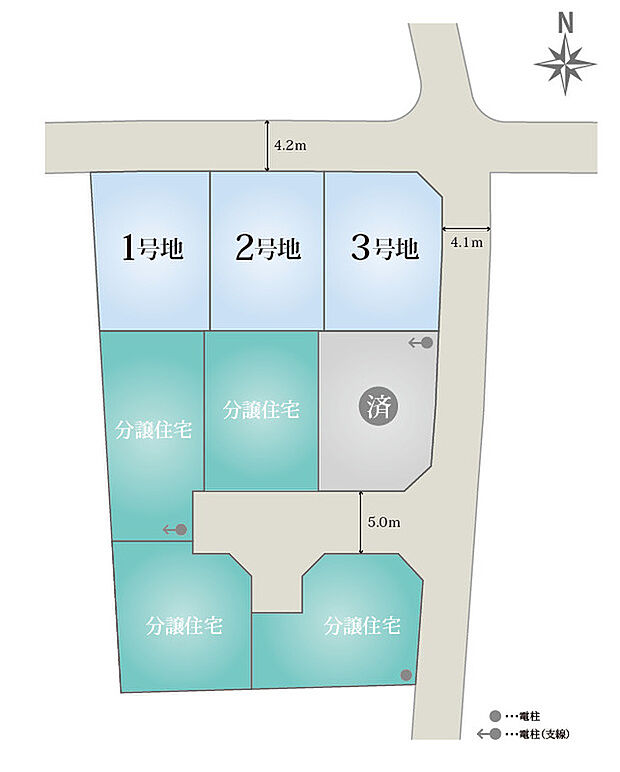 全８区画の分譲地です。
1～３号地は注文住宅用地。
4～8号地が分譲住宅となります。
