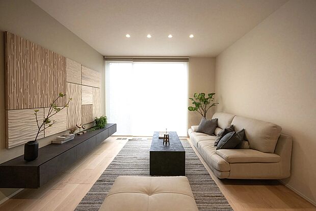 大きな窓から光が差し込む明るいリビング。
開放感あふれる空間で、家族の時間をゆったり過ごせます。