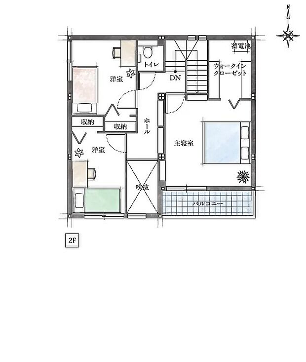 ★２階間取り図
家族それぞれの時間を大切にできる、ゆとりの個室設計。
ウォークインクローゼット付きで収納力も充実した２階空間♪