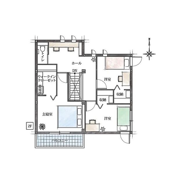 ★２階間取り図
家族それぞれの時間を大切にできる、ゆとりの個室設計。
ウォークインクローゼット付きで収納力も充実した２階空間♪