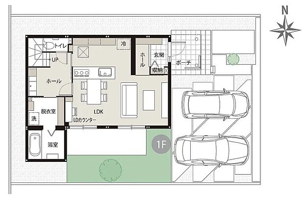 【3LDK+ウォークインクローゼット】延床:100.33m2(30.34坪) 、1F:52.56m2(15.89坪) 、2F:47.77m2(14.45坪)