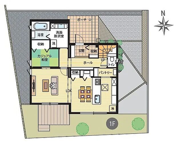 【4LDK+ウォークインクローゼット】延床:111.63m2(33.76坪) 、1F:63.06m2(19.07坪) 、2F:48.57m2(14.69坪)