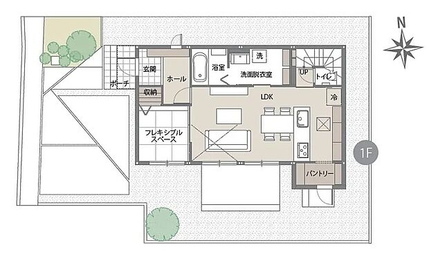 【4LDK+ウォークインクローゼット】延床:102.02m2(30.86坪) 、1F:56.59m2(17.11坪) 、2F:45.43m2(13.74坪)