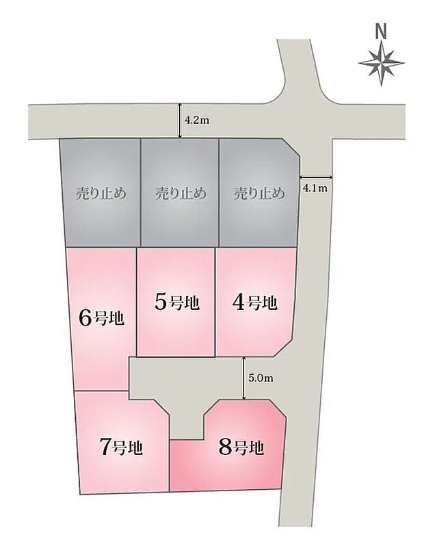 【全体区画図】道路に面した開放感のある8号地！通風・採光に恵まれ、明るく快適な暮らしを叶える住まい。