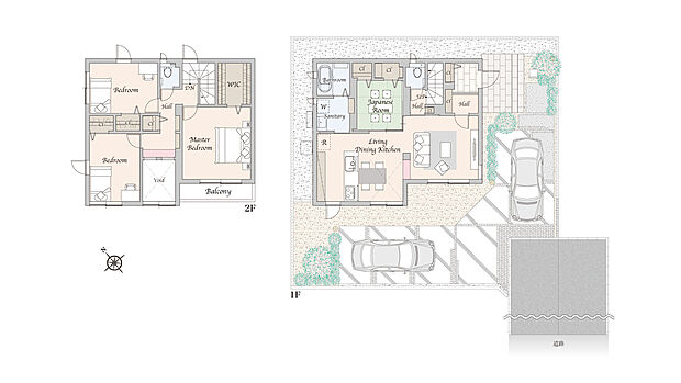 No.2／4LDK＋ウォークインクローゼット
1F／57.41m2（約17.36坪）
2F／53.20m2（約16.09坪）