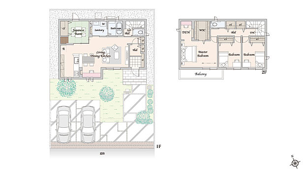 【4LDK+WIC+DEN】主な設備:太陽光発電システム 5.56kW、蓄電池 12.0kWh
※掲載の間取り・外構・植栽等は図面を基に書き起こしたもので、実際と異なる場合があります。
※間取りに記載された家具類、自動車等は、一部を除き販売価格には含まれません。