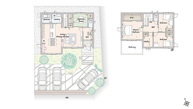 【4LDK+WIC】主な設備:太陽光発電システム 8.88kW、蓄電池 13.2kWh
※掲載の間取り・外構・植栽等は図面を基に書き起こしたもので、実際と異なる場合があります。
※間取りに記載された家具類、自動車等は、一部を除き販売価格には含まれません。
