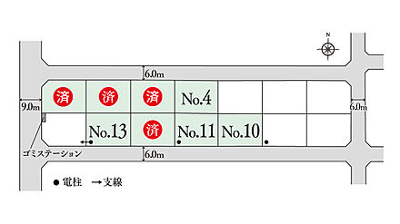 ※電柱計画は変更になる可能性があります。異なる場合は現況を優先とさせていただきます。
※掲載の区画図は設計図面を基に書き起こしたもので、実際と異なる場合があります。異なる場合は現況を優先とさせていただきます。
※方位記号は若干の差異を生じる場合があります。
※確定測量の結果、誤差が生じた場合は精算いたしません。
※坪数は1m2＝0.3025坪、小数点第3位以下は切り捨てで計算しています。 
