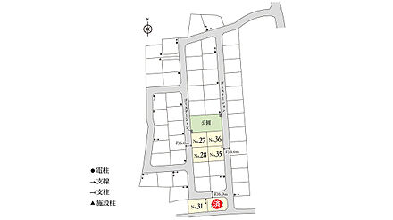 ※電柱計画は変更になる可能性があります。異なる場合は現況を優先とさせていただきます。
※掲載の区画図は設計図面を基に書き起こしたもので、実際と異なる場合があります。異なる場合は現況を優先とさせていただきます。
※方位記号は若干の差異を生じる場合があります。
※確定測量の結果、誤差が生じた場合は精算いたしません。
※坪数は1m2＝0.3025坪、小数点第3位以下は切り捨てで計算しています。 
