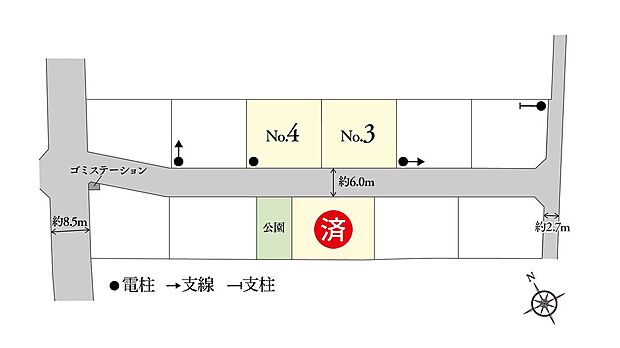 ※電柱計画は変更になる可能性があります。異なる場合は現況を優先とさせていただきます。
※掲載の区画図は設計図面を基に書き起こしたもので、実際と異なる場合があります。異なる場合は現況を優先とさせていただきます。
※方位記号は若干の差異を生じる場合があります。
※確定測量の結果、誤差が生じた場合は精算いたしません。
※坪数は1m2＝0.3025坪、小数点第3位以下は切り捨てで計算しています。