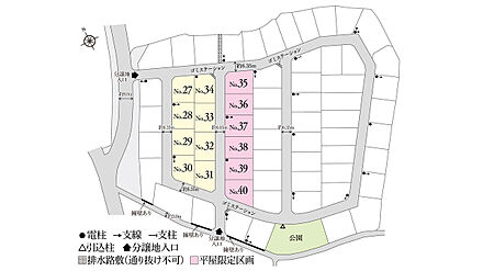 ※電柱計画は変更になる可能性があります。異なる場合は現況を優先とさせていただきます。
※掲載の区画図は設計図面を基に書き起こしたもので、実際と異なる場合があります。異なる場合は現況を優先とさせていただきます。
※方位記号は若干の差異を生じる場合があります。
※確定測量の結果、誤差が生じた場合は精算いたしません。
※坪数は1m2＝0.3025坪、小数点第3位以下は切り捨てで計算しています。 