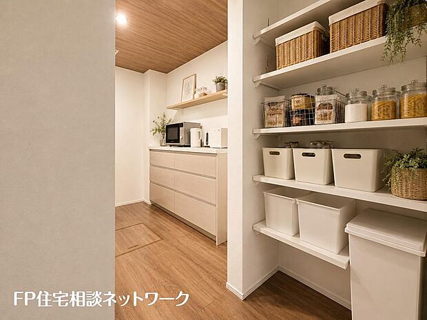 キッチン隣には、ストック食材や調理家電の収納に便利なパントリー収納付です♪(本画像はCGで作成しており、実際に現地に家具はおかれておりません。また価格に家具は含まれておりません。)