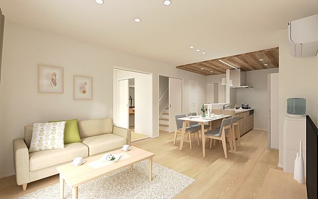 この内観パースは、白と木目を基調とした明るく開放的な空間を表現。リビングとダイニング、キッチンが一体となったLDKは、家族の会話が弾むデザインです。